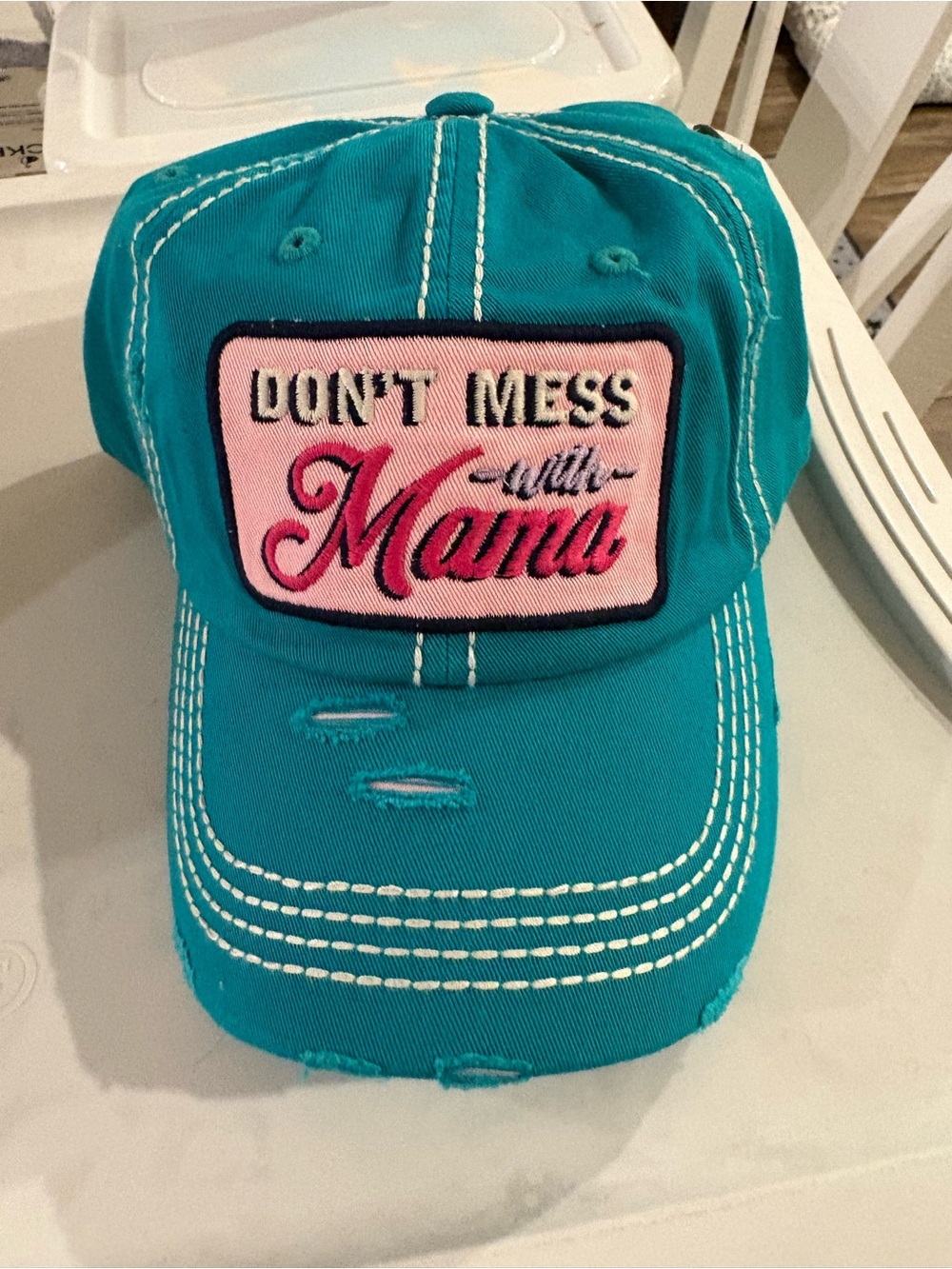 Don't Mess With Mama Embroidered Trucker Cap - Teal & Pink